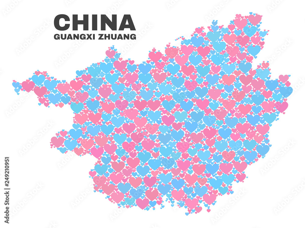 Obraz premium Mosaic Guangxi Zhuang Region map of love hearts in pink and blue colors isolated on a white background. Lovely heart collage in shape of Guangxi Zhuang Region map.
