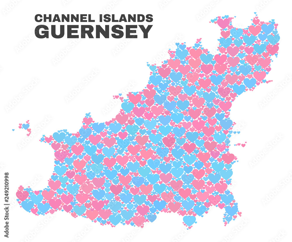 Fototapeta premium Mosaic Guernsey Island map of lovely hearts in pink and blue colors isolated on a white background. Lovely heart collage in shape of Guernsey Island map. Abstract design for Valentine illustrations.