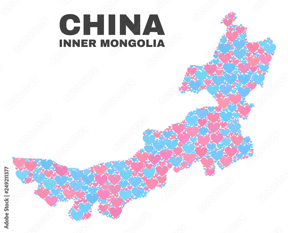 Mosaic Inner Mongolia map of valentine hearts in pink and blue colors isolated on a white background. Lovely heart collage in shape of Inner Mongolia map. Abstract design for Valentine decoration.