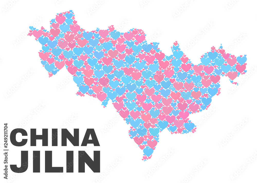 Mosaic Jilin Province map of valentine hearts in pink and blue colors isolated on a white background. Lovely heart collage in shape of Jilin Province map. Abstract design for Valentine illustrations.