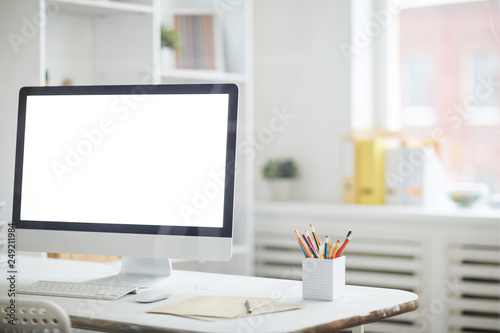Background image of business workplace in modern office focus on blank computer screen with write background  copy space