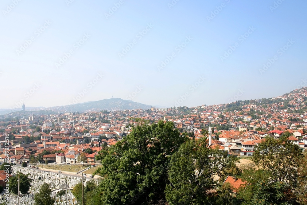 Aerial view of Sarajevo from Yellow Fortress on a sunny day.