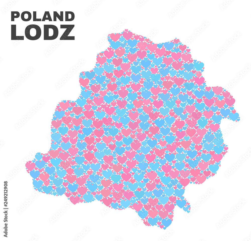 Mosaic Lodz Voivodeship map of valentine hearts in pink and blue colors isolated on a white background. Lovely heart collage in shape of Lodz Voivodeship map.