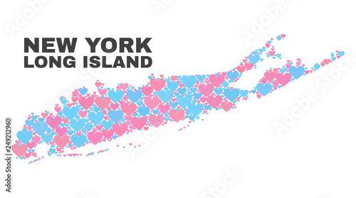 Mosaic Long Island map of love hearts in pink and blue colors isolated on a white background. Lovely heart collage in shape of Long Island map. Abstract design for Valentine illustrations.