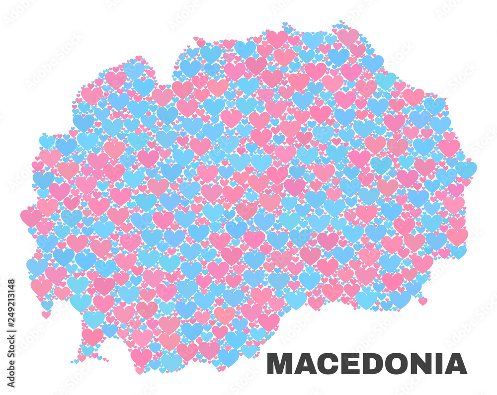 Mosaic Macedonia map of lovely hearts in pink and blue colors isolated on a white background. Lovely heart collage in shape of Macedonia map. Abstract design for Valentine illustrations. Mosaic Macedonia map of lovely hearts in pink and blue colors isolated on a white background. Lovely heart collage in shape of Macedonia map. Abstract design for Valentine illustrations.