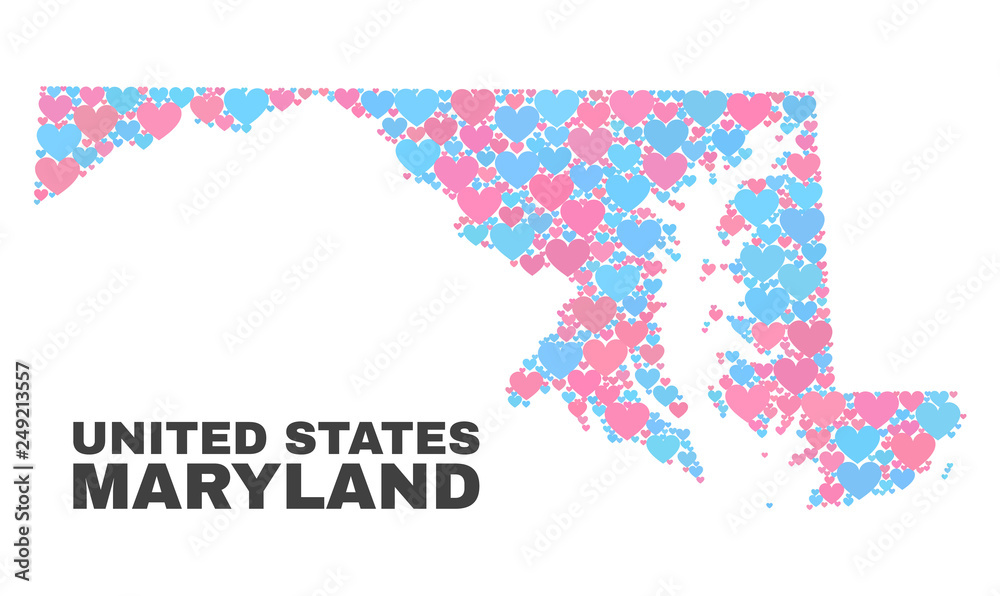 Obraz premium Mosaic Maryland State map of valentine hearts in pink and blue colors isolated on a white background. Lovely heart collage in shape of Maryland State map. Abstract design for Valentine illustrations.