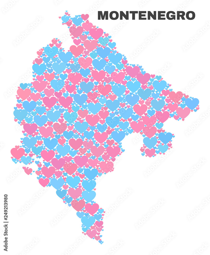 Mosaic Montenegro map of valentine hearts in pink and blue colors isolated on a white background. Lovely heart collage in shape of Montenegro map. Abstract design for Valentine decoration.
