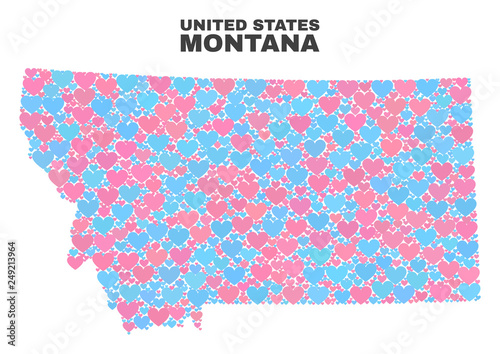 Mosaic Montana State map of valentine hearts in pink and blue colors isolated on a white background. Lovely heart collage in shape of Montana State map. Abstract design for Valentine decoration.