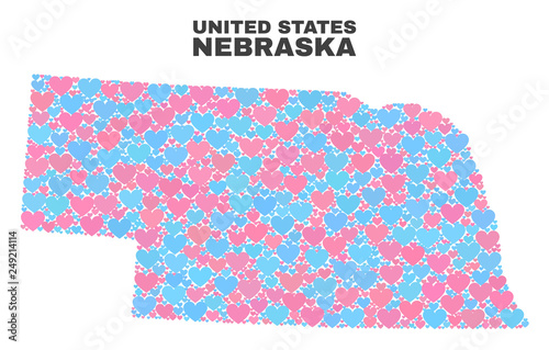 Mosaic Nebraska State map of valentine hearts in pink and blue colors isolated on a white background. Lovely heart collage in shape of Nebraska State map. Abstract design for Valentine decoration. photo