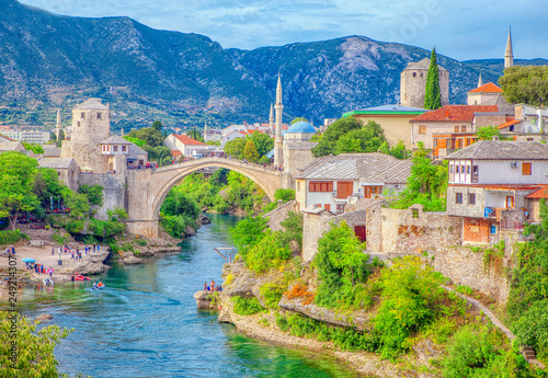 Landscape of Mostar and bridge in Bosnia and Herzegovina photo