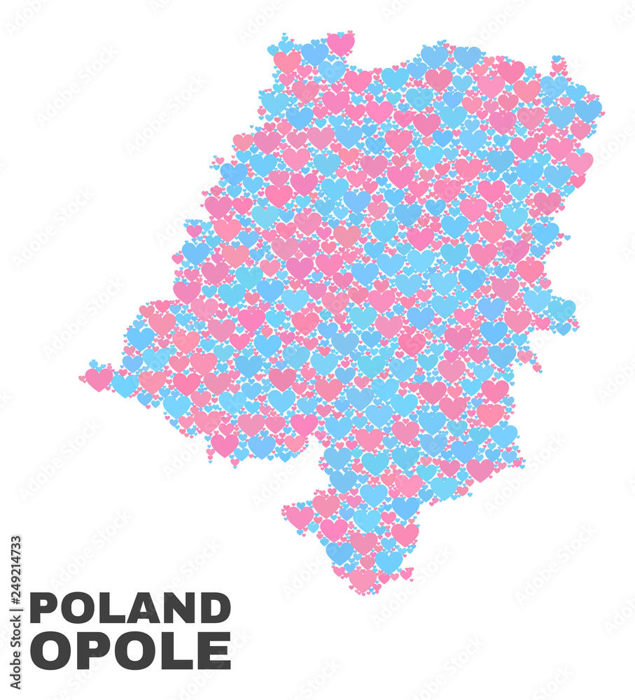 Mosaic Opole Voivodeship map of valentine hearts in pink and blue colors isolated on a white background. Lovely heart collage in shape of Opole Voivodeship map.