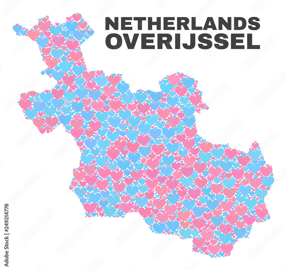 Mosaic Overijssel Province map of valentine hearts in pink and blue colors isolated on a white background. Lovely heart collage in shape of Overijssel Province map.