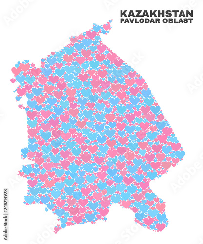 Mosaic Pavlodar Region map of love hearts in pink and blue colors isolated on a white background. Lovely heart collage in shape of Pavlodar Region map. Abstract design for Valentine illustrations.