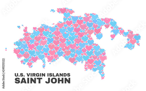 Mosaic Saint John Island map of love hearts in pink and blue colors isolated on a white background. Lovely heart collage in shape of Saint John Island map. Abstract design for Valentine illustrations.