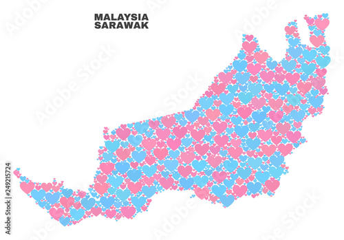 Mosaic Sarawak State map of love hearts in pink and blue colors isolated on a white background. Lovely heart collage in shape of Sarawak State map. Abstract design for Valentine decoration.