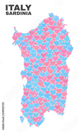 Mosaic Sardinia map of lovely hearts in pink and blue colors isolated on a white background. Lovely heart collage in shape of Sardinia map. Abstract design for Valentine decoration.