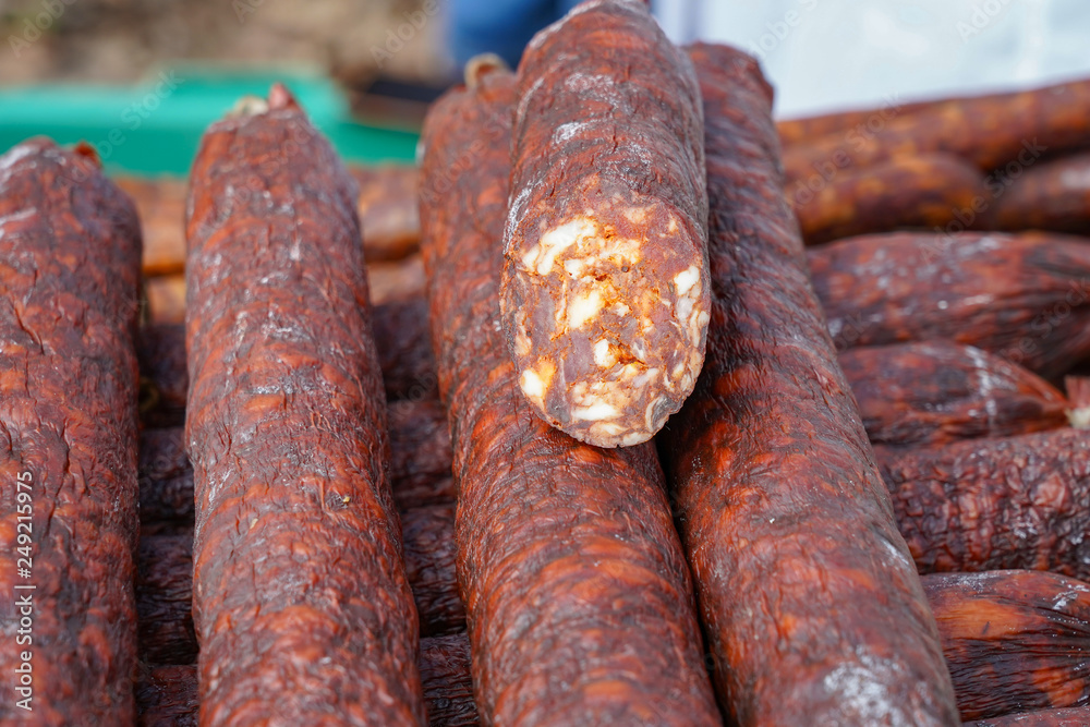 Selling Smoked Sausages at Street Market Selling Smoked Sausages at Street Market