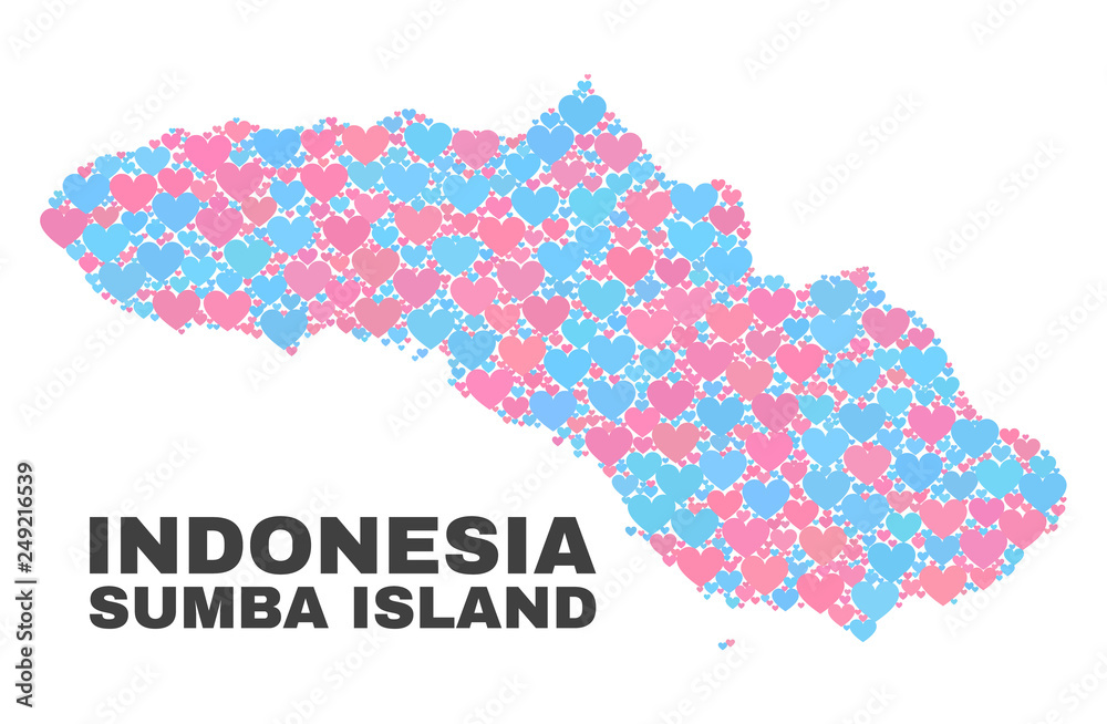 Mosaic Sumba Island map of valentine hearts in pink and blue colors isolated on a white background. Lovely heart collage in shape of Sumba Island map. Abstract design for Valentine illustrations.