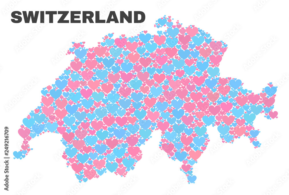 Mosaic Switzerland map of valentine hearts in pink and blue colors isolated on a white background. Lovely heart collage in shape of Switzerland map. Abstract design for Valentine decoration. Mosaic Switzerland map of valentine hearts in pink and blue colors isolated on a white background. Lovely heart collage in shape of Switzerland map. Abstract design for Valentine decoration.