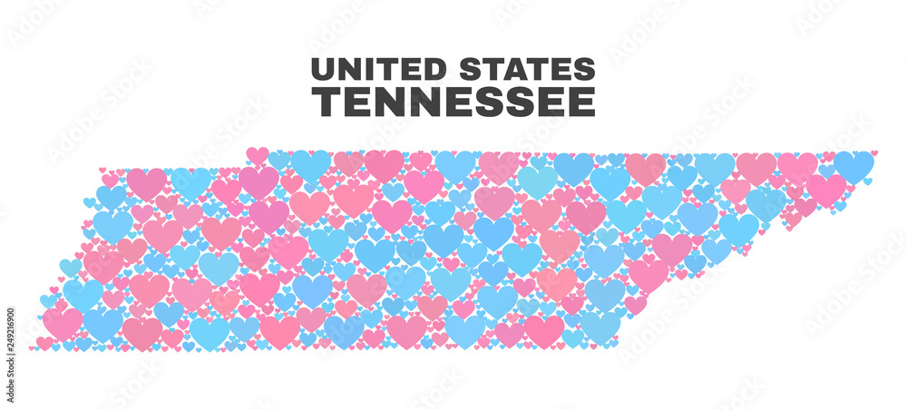 Mosaic Tennessee State map of lovely hearts in pink and blue colors isolated on a white background. Lovely heart collage in shape of Tennessee State map. Abstract design for Valentine illustrations. Mosaic Tennessee State map of lovely hearts in pink and blue colors isolated on a white background. Lovely heart collage in shape of Tennessee State map. Abstract design for Valentine illustrations.