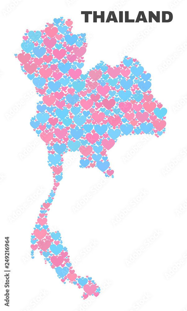 Mosaic Thailand map of lovely hearts in pink and blue colors isolated on a white background. Lovely heart collage in shape of Thailand map. Abstract design for Valentine illustrations.