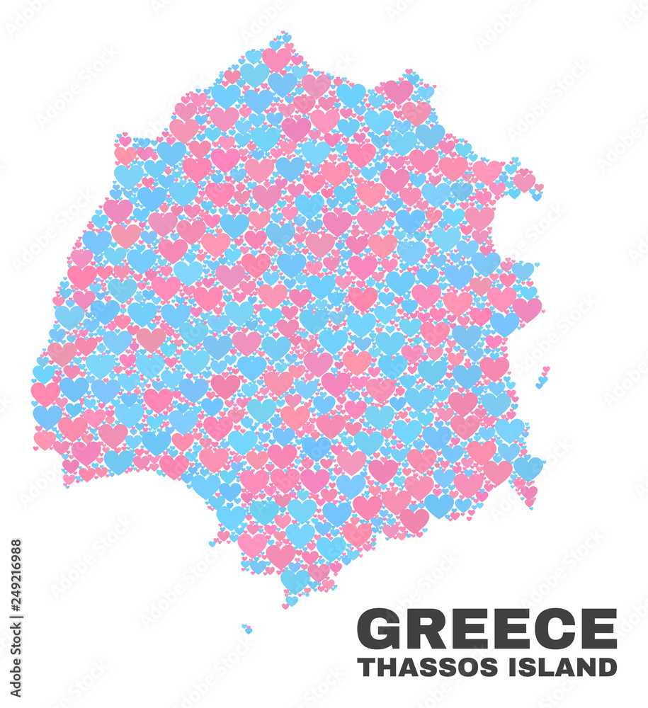Mosaic Thassos Island map of lovely hearts in pink and blue colors isolated on a white background. Lovely heart collage in shape of Thassos Island map. Abstract design for Valentine illustrations.