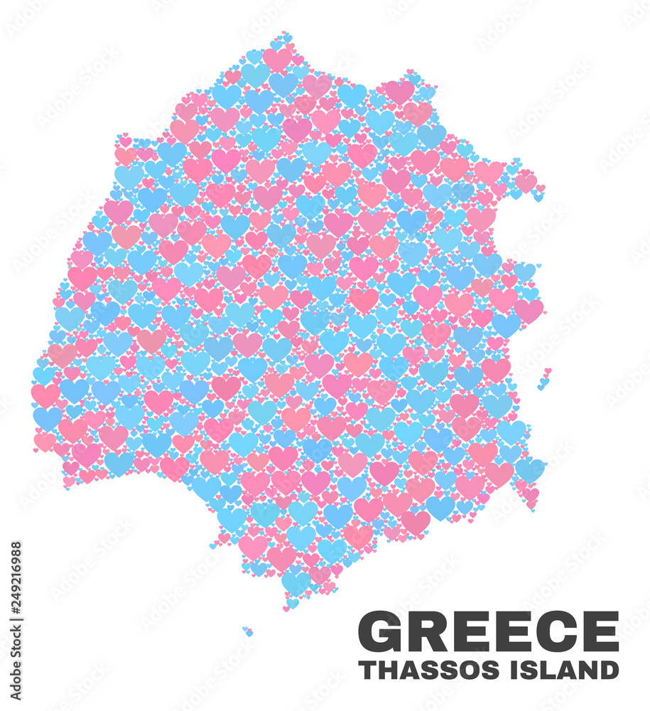Mosaic Thassos Island map of lovely hearts in pink and blue colors isolated on a white background. Lovely heart collage in shape of Thassos Island map. Abstract design for Valentine illustrations. Mosaic Thassos Island map of lovely hearts in pink and blue colors isolated on a white background. Lovely heart collage in shape of Thassos Island map. Abstract design for Valentine illustrations.