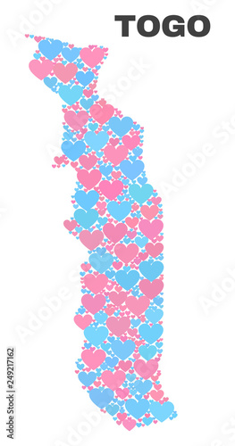 Mosaic Togo map of valentine hearts in pink and blue colors isolated on a white background. Lovely heart collage in shape of Togo map. Abstract design for Valentine illustrations.