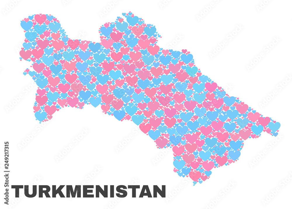 Mosaic Turkmenistan map of love hearts in pink and blue colors isolated on a white background. Lovely heart collage in shape of Turkmenistan map. Abstract design for Valentine illustrations.