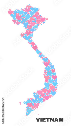 Mosaic Vietnam map of valentine hearts in pink and blue colors isolated on a white background. Lovely heart collage in shape of Vietnam map. Abstract design for Valentine illustrations.