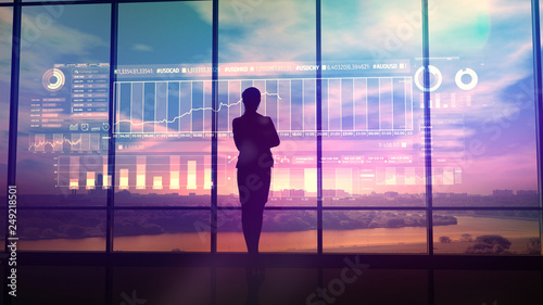 Silhouette of business woman and stock exchange infographics