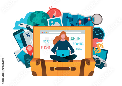 On line booking, On-line Ticket, book flight, buying tickets online. Travel concept. Flat vector illustration modern design.  Mobile Application, Web check in, Online hotel. Vacation,tourism,journey.