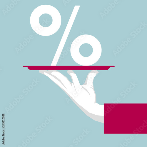  Hand holding tray, Percentage symbol in the tray.