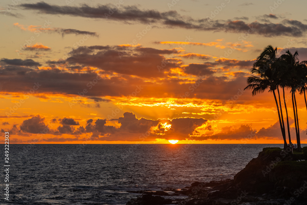 Tropical orange sunset over ocean with palm trees