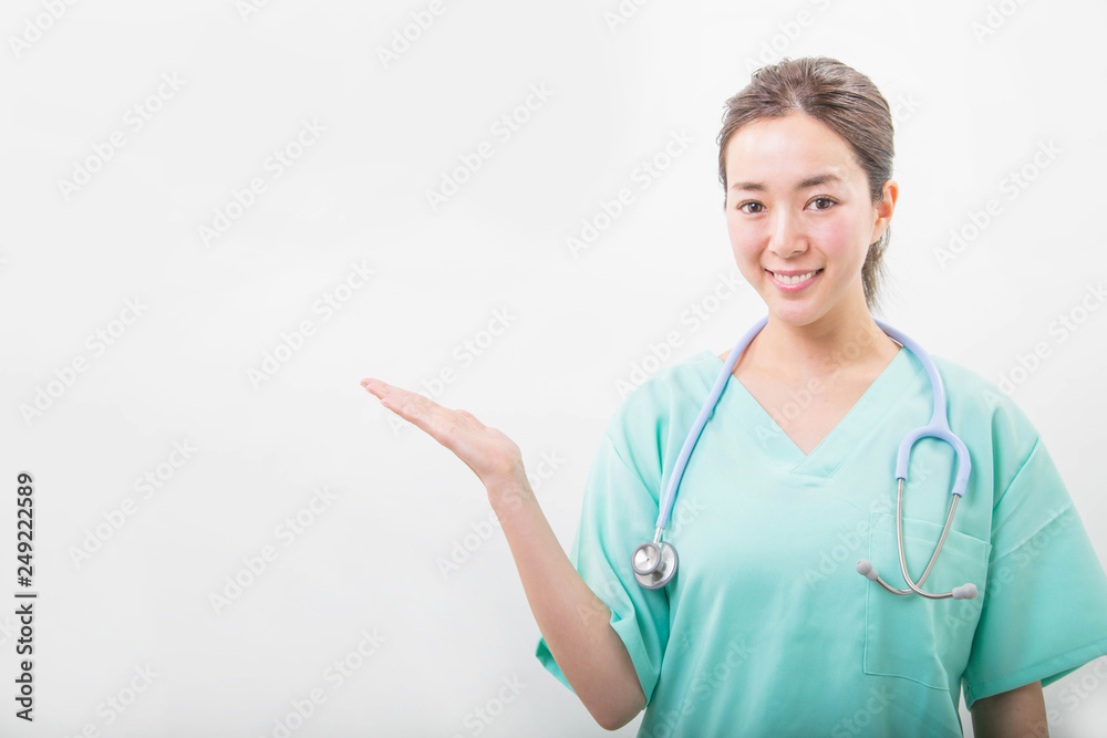 Young doctor woman wearing medical nurse uniform over isolated white background with a happy smile Young doctor woman wearing medical nurse uniform over isolated white background with a happy smile