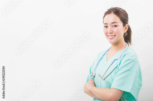 Young doctor woman wearing medical nurse uniform over isolated white background with a happy smile