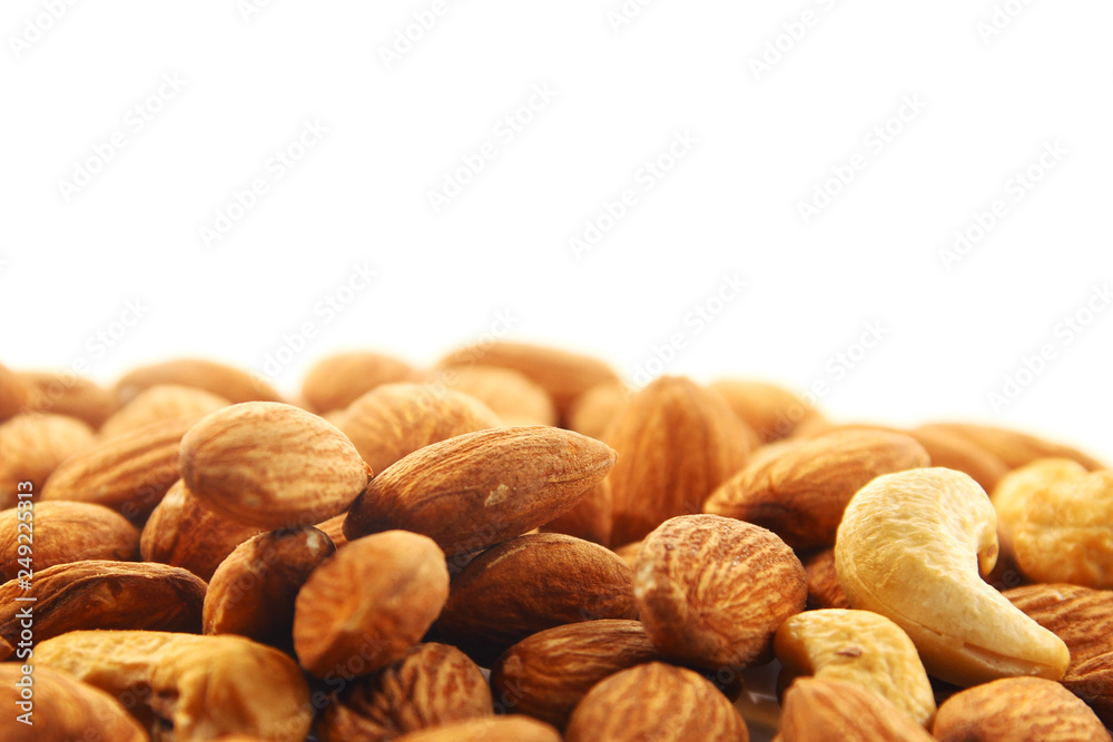 Almond and cashew nut on white background