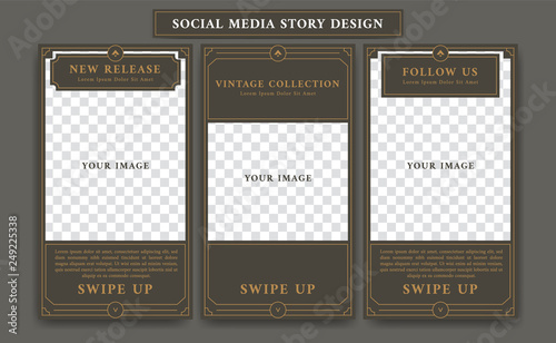 Editable Social media story design template in vintage artdeco retro frame style for new product promotion collage of product details and follow action with paragraph text