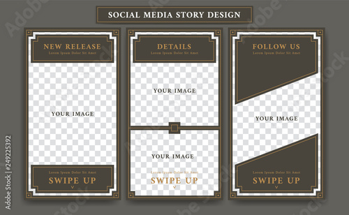 Editable Social media story design template in vintage artdeco retro frame style for new product promotion collage of product details and follow action