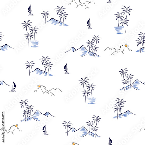 Hand drawn summer island tropical seamless pattern vector regular repeat design for fashion,wallpaper,and all prints