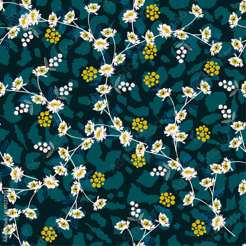 Beautiful white and yellow flower on animal skin leopard prints seamless pattern vector,design for fashion,fabric,wallpaper and all prints