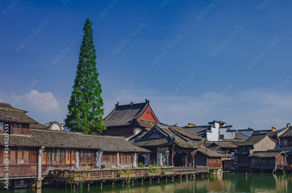 Obraz premium Traditional Chinese houses and trees by water, in the old town of Wuzhen, China