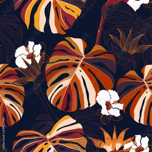 Seamless pattern vector Contemporary tropical floral . Modern exotic dark jungle and plants illustration in hand drawn style design for fashion,fabric,wallpaper and all prints