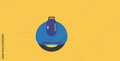 Cartoon picture with Electric, Monowheel, Eco alternative city transport. Flat style vector illustration. Yelow Background.