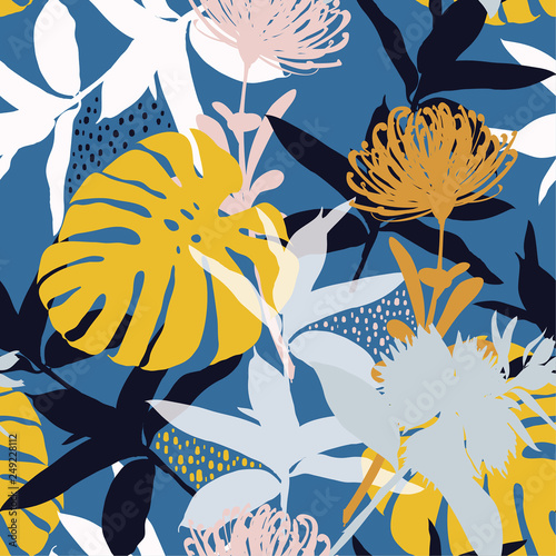 Trendy colorful summer Silhouette Abstract seamless pattern with leaves and flowers  Background with botanical  vector