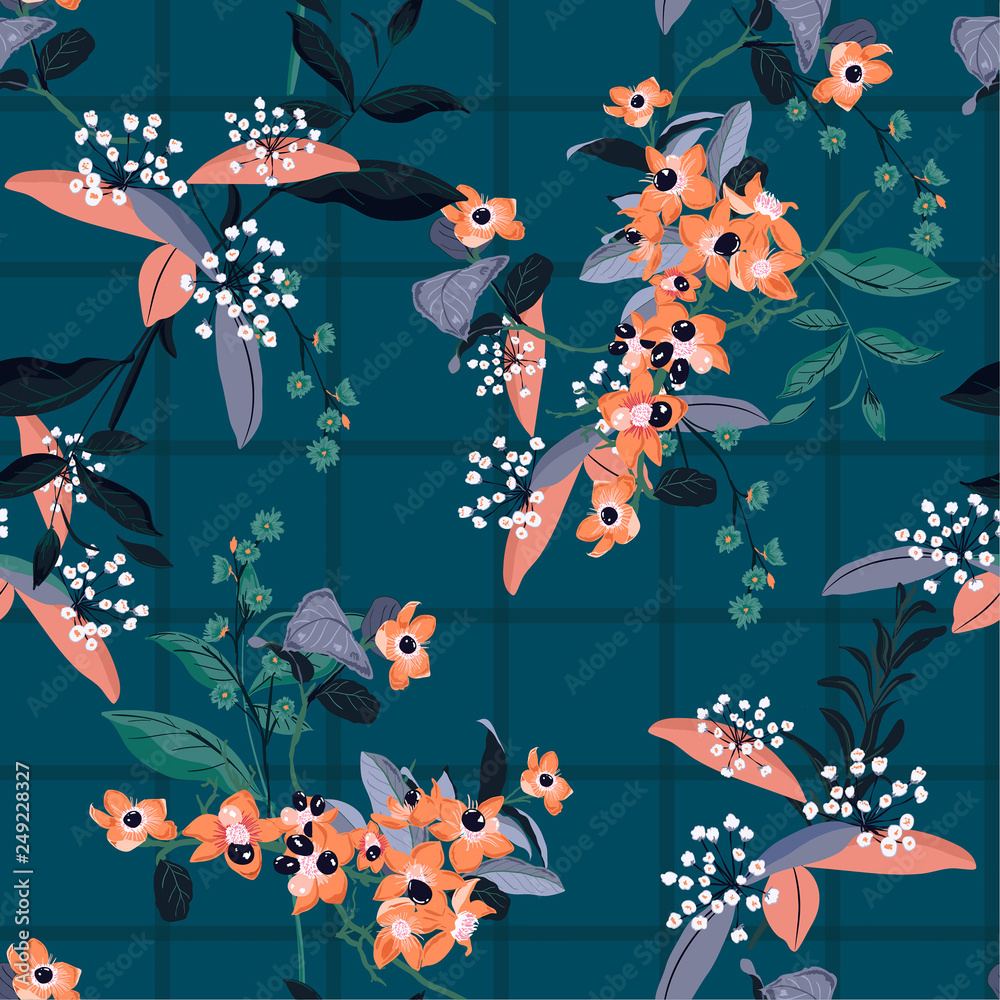 Dark  blooming garden flowers on  window check or grid seamless pattern vector scatter repeat for fashion,fabric