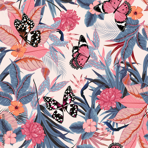 vector seamless beautiful artistic bright tropical pattern with exotic forest. Colorful original stylish floral background print, bright rainbow colors