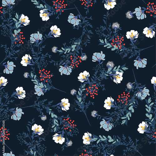 Beautiful Blossom  Floral pattern in the blooming botanical  Motifs scattered random. Seamless vector texture. For fashion prints. Printing with in hand drawn style on retro