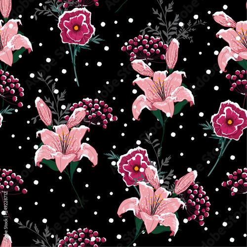 In the Night Snow on blooming lily flowers ,berries in the winter season semaless pattern vector,design for fashion,fabric,and all prints