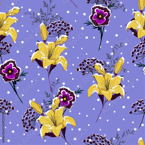 The cold Snow on blooming lily flowers ,berries in the winter season semaless pattern vector,design for fashion,fabric,and all prints © MSNTY_STUDIOX